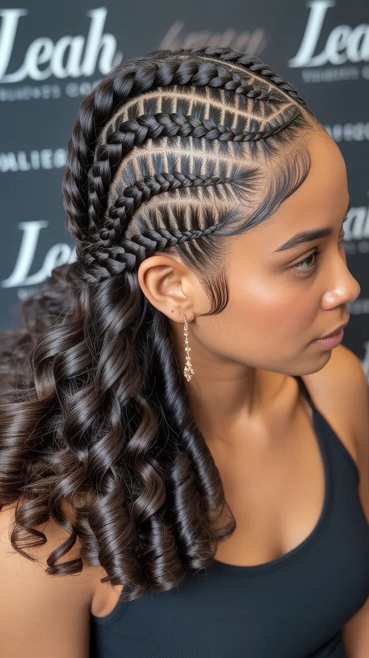 hairstyle black women 2026+Sculptural Cornrows with Glossy Barrel Curls