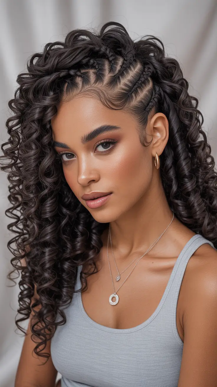 hairstyle black women 2026+Side-Parted Feed-In Braids with Spiral Curls