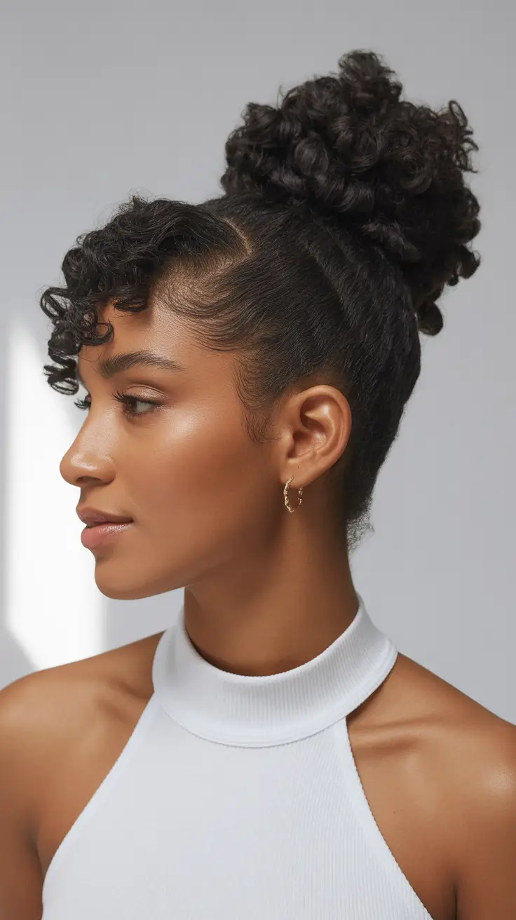 hairstyle black women 2026+Curly Pineapple Puff with a Side-Swept Fringe