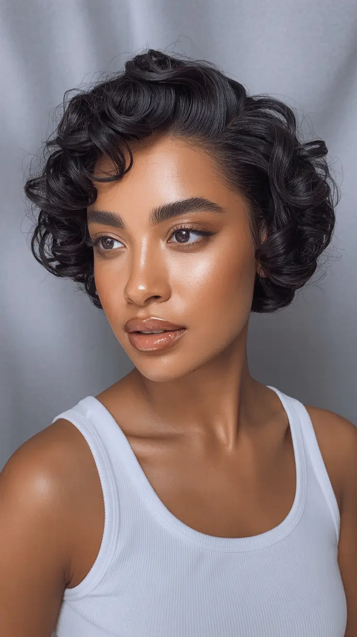 hairstyle for black women 2026+Retro Roll: Short Pin Curls with Glossy Finish