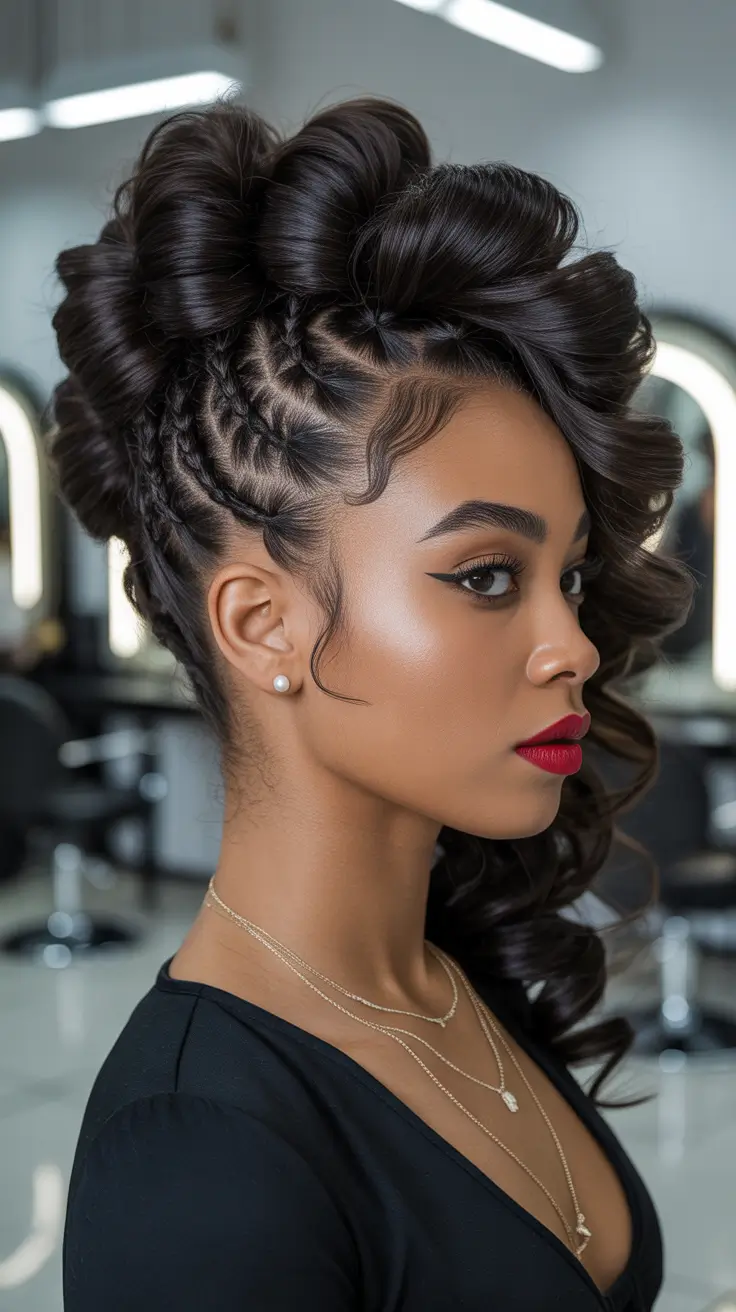 hairstyle for black women 2026+Hollywood Updo with Braided Side Detail