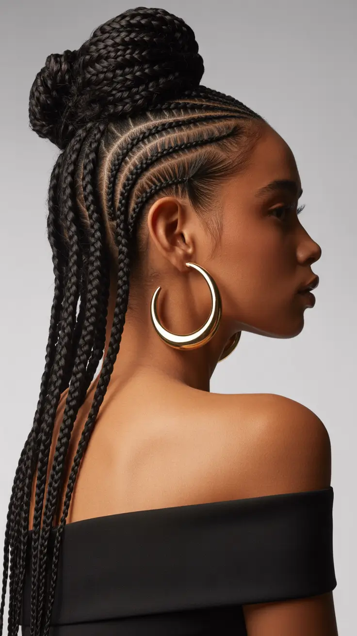 hairstyle for black women 2026+Power Twist: Elevated Feed-In Braids into Braided Top Bun
