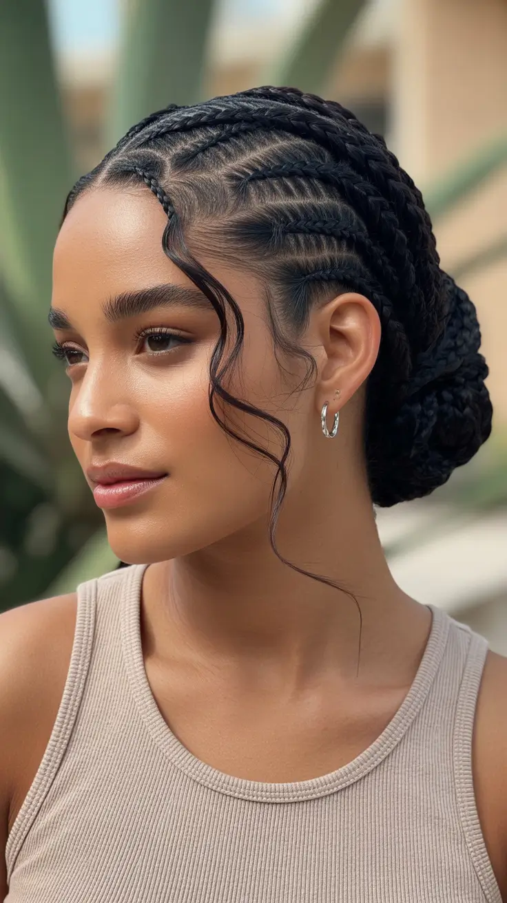 hairstyle for black women 2026+Braided Elegance: Sculpted Low Bun with Cornrow Detail