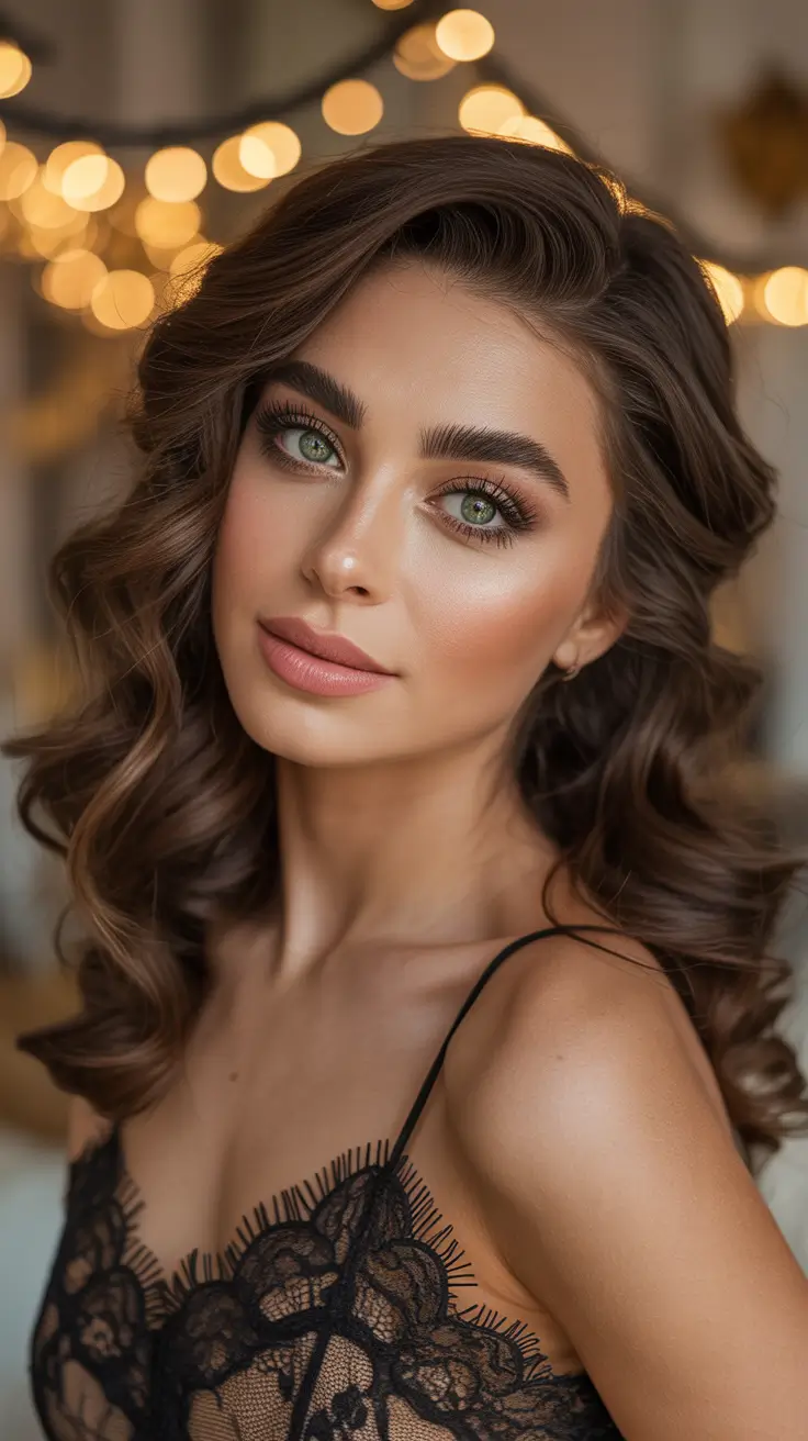 hairstyle for medium length hair 2026 Chocolate Curls with Candlelit Glow