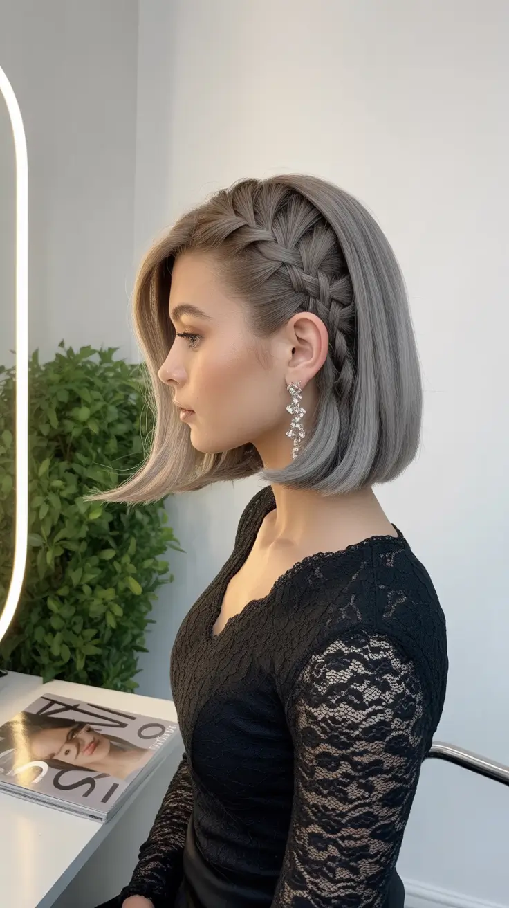 hairstyle for medium length hair 2026 Smoky Silver Bob with Side French Braid