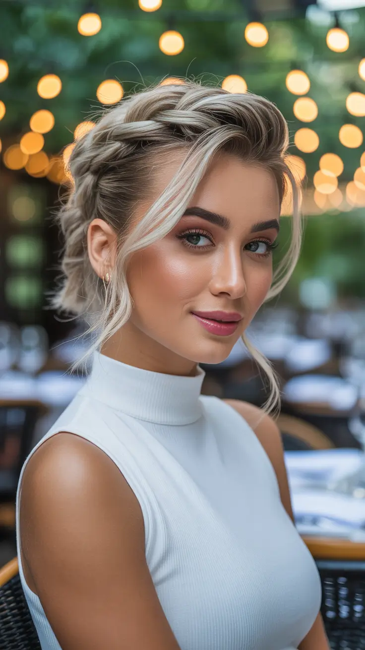 hairstyle for medium length hair 2026 Blonde Braided Crown with a Side Sweep