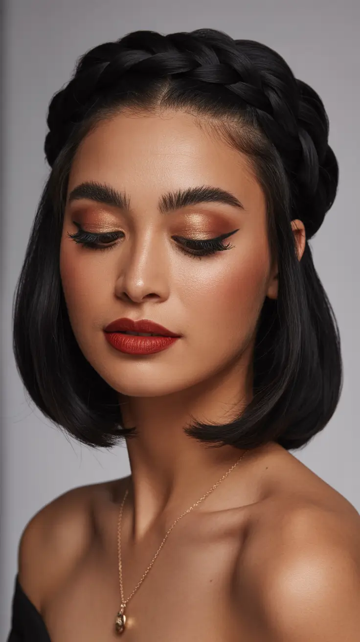 hairstyle for medium length hair 2026 Jet Black Bob with a Regal Braid Band