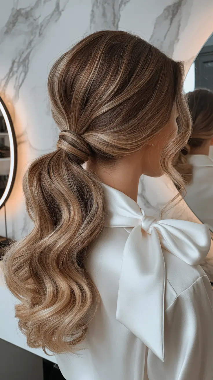 hairstyle for medium length hair 2026 Wrapped Low Ponytail with Sculpted Waves