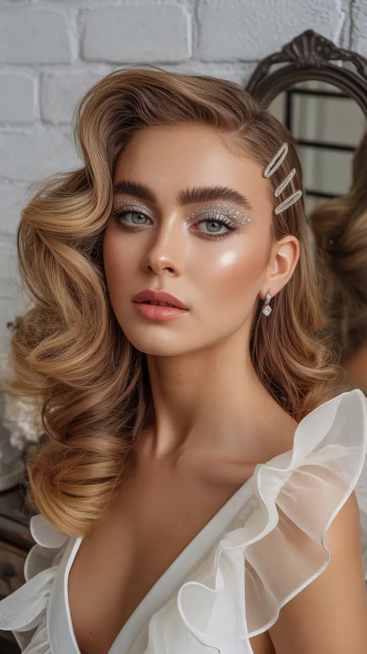 hairstyle for medium length hair 2026 Retro Glam Revival with Glitter Drama