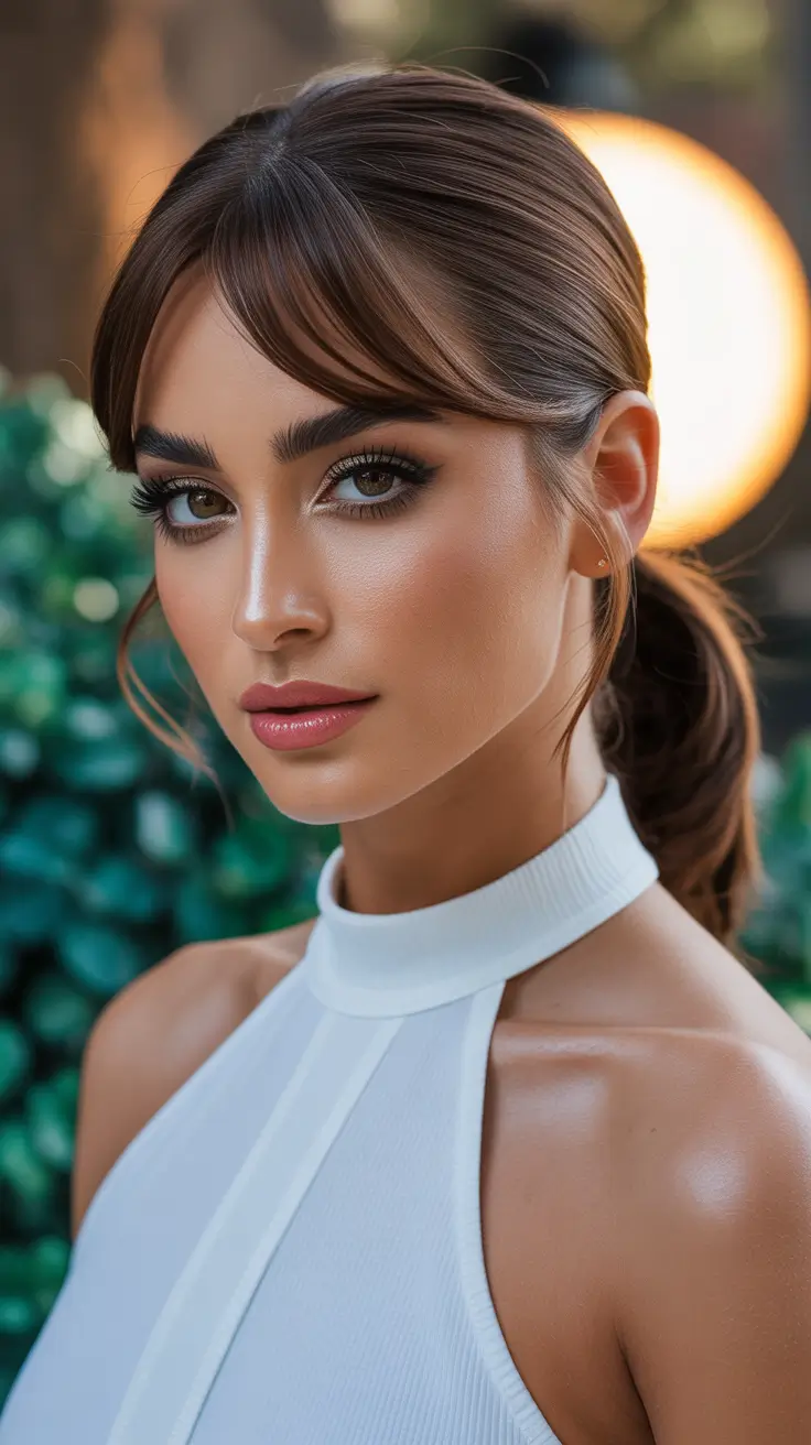 hairstyle for medium length hair 2026 Polished Ponytail with Soft Curtain Bangs