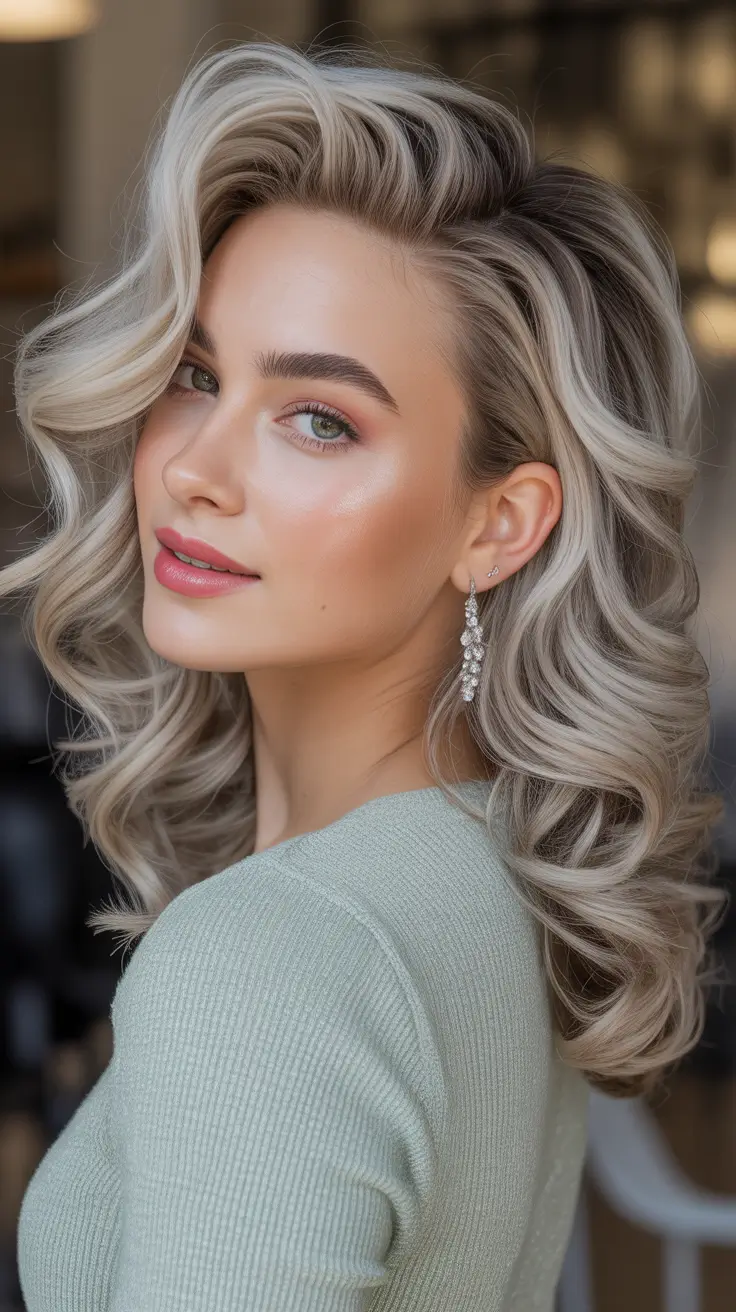 hairstyle for medium length hair 2026 Platinum Luxe Curls with Sculpted Volume