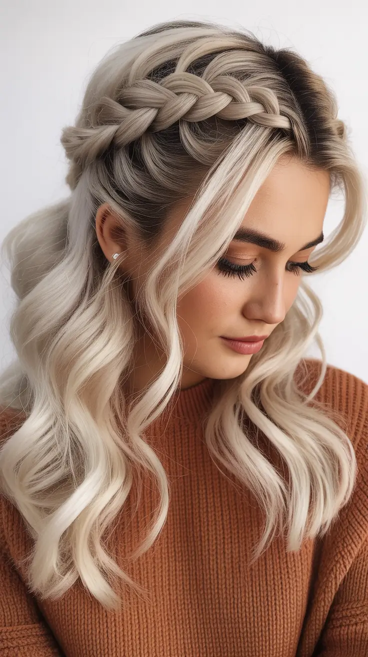 hairstyle for medium length hair 2026 Fairytale Crown Braid with Ice Blonde Waves