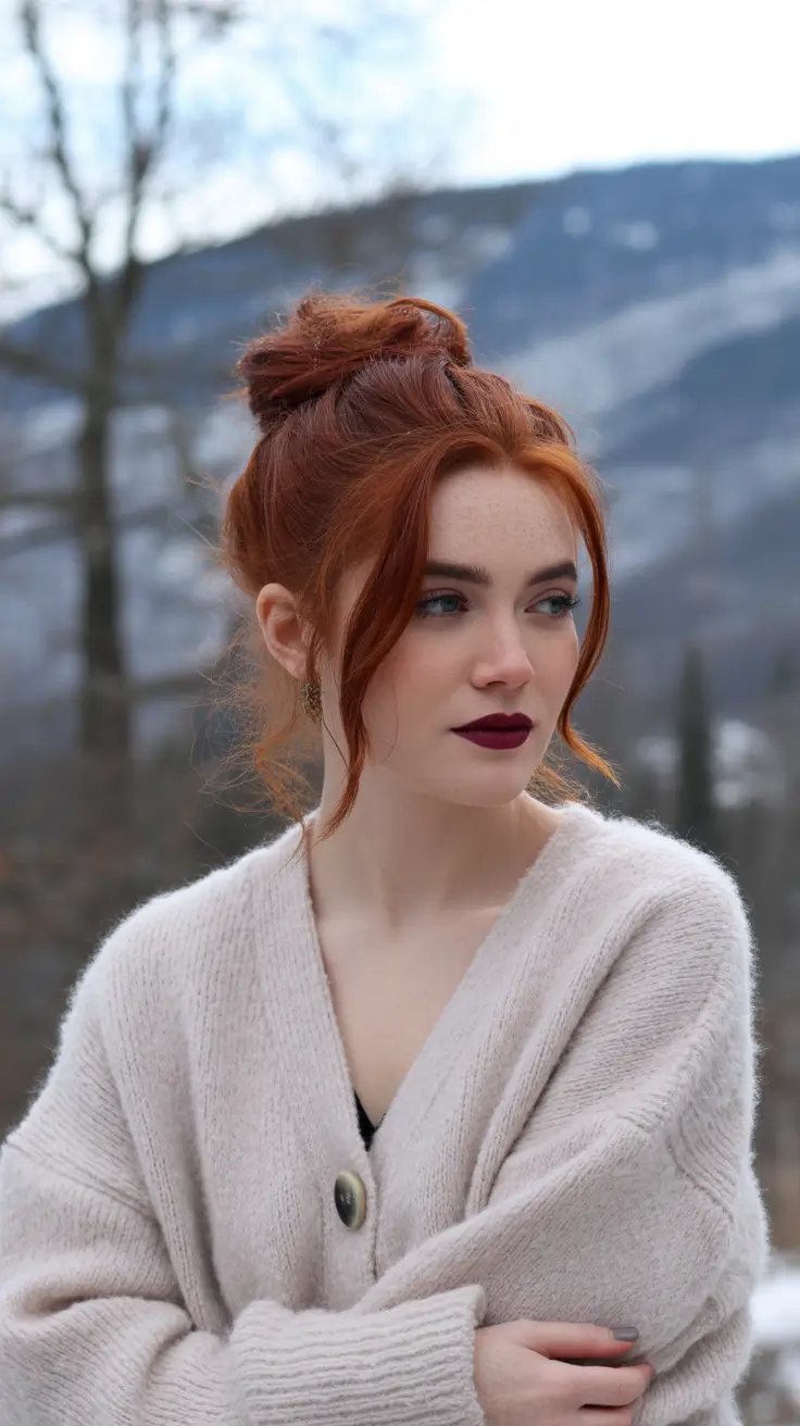 Hairstyles Ideas 2026 Messy Cinnamon Bun for Winter Drama