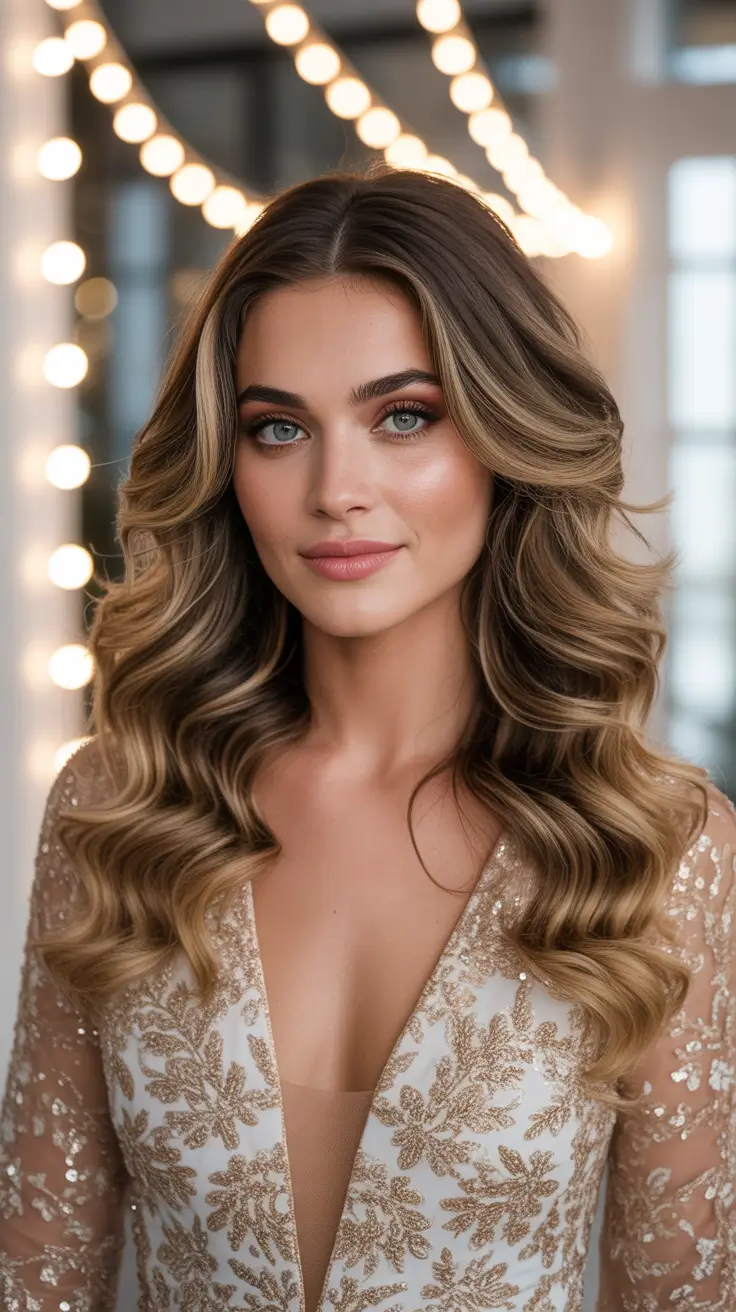 Hairstyles Ideas 2026 Champagne Blonde Waves with Middle Part Glam