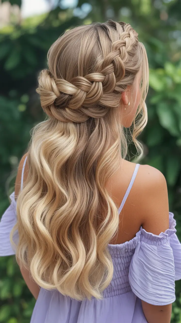 half up half down hairstyles 2026+Boho Crown Braid with Beachy Flow