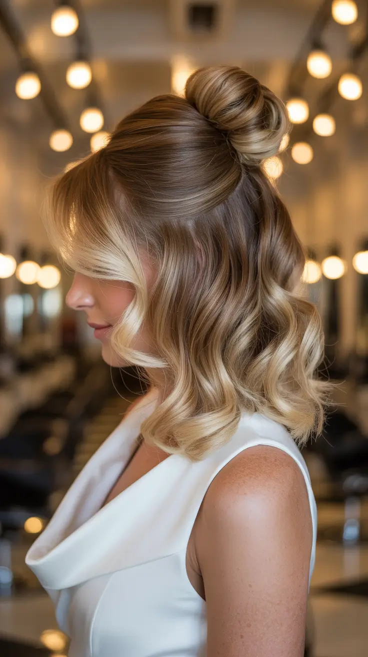 half up half down hairstyles 2026+Half-Up Bun with Soft Retro Waves