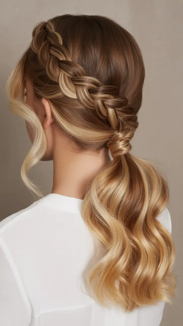 half up half down hairstyles 2026+Diagonal Crown Braid into Low Wave Pony