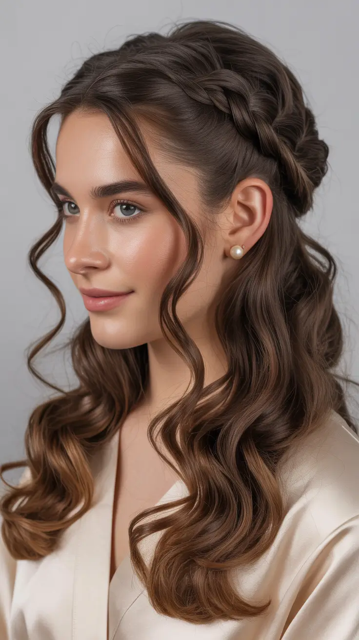 half up half down hairstyles 2026+Dual Braid Crown with Glossy Brunette Flow