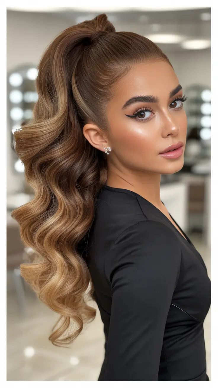 half up half down hairstyles 2026+Power Pony with Sculpted Toffee Waves