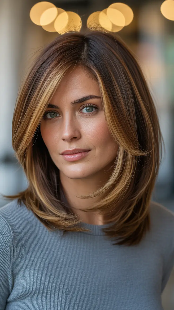 lob haircut ideas 2026 - Honeyed Balayage with Long Curtain Layers