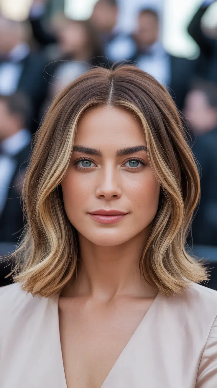 mid length haircut ideas 2026+Champagne Lob with Dimensional Face Lights