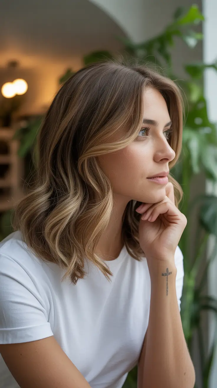 mid length haircut ideas 2026+Soft Sculpted Waves with Sandy Lights