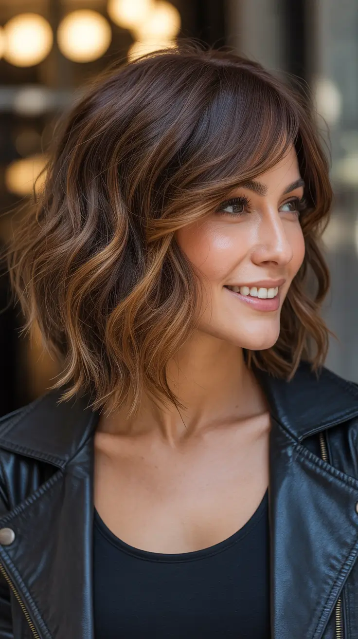 mid length haircut ideas 2026+Choppy Textured Bob with Bronze Balayage