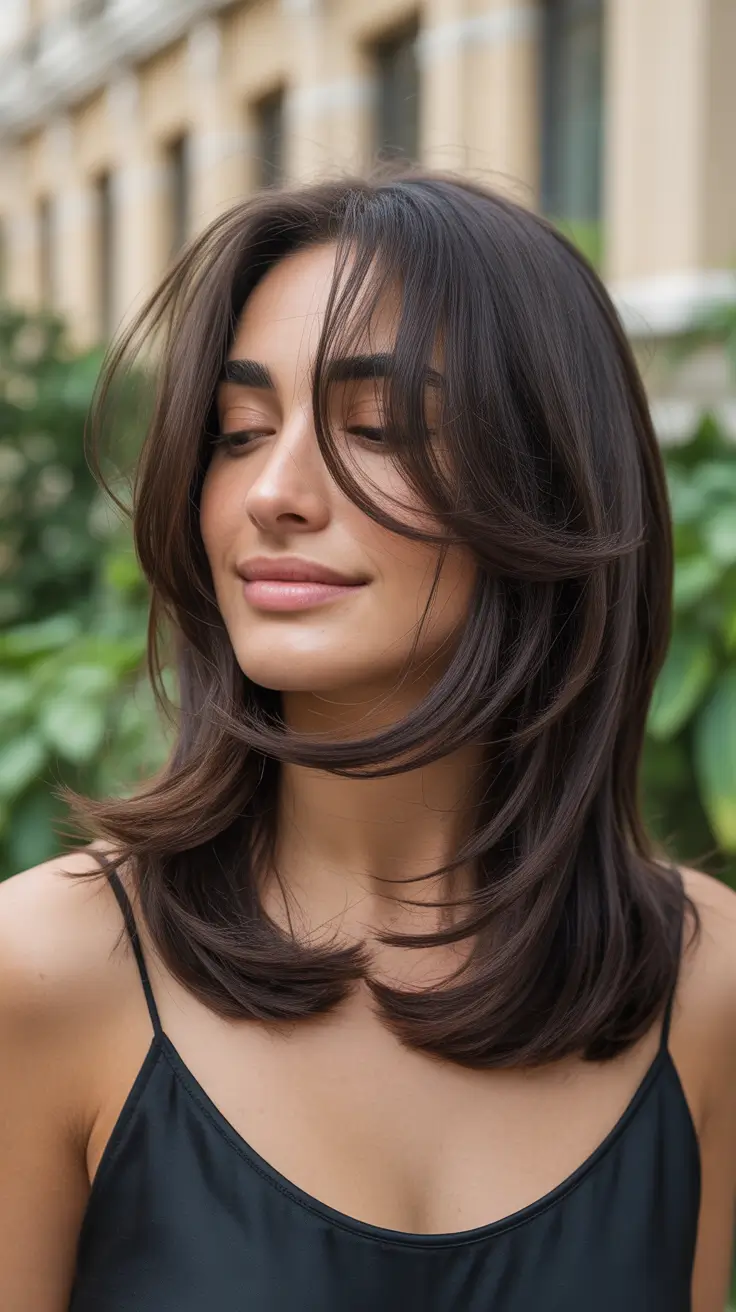 mid length haircut ideas 2026+Airy Layers with Curtain Fringe