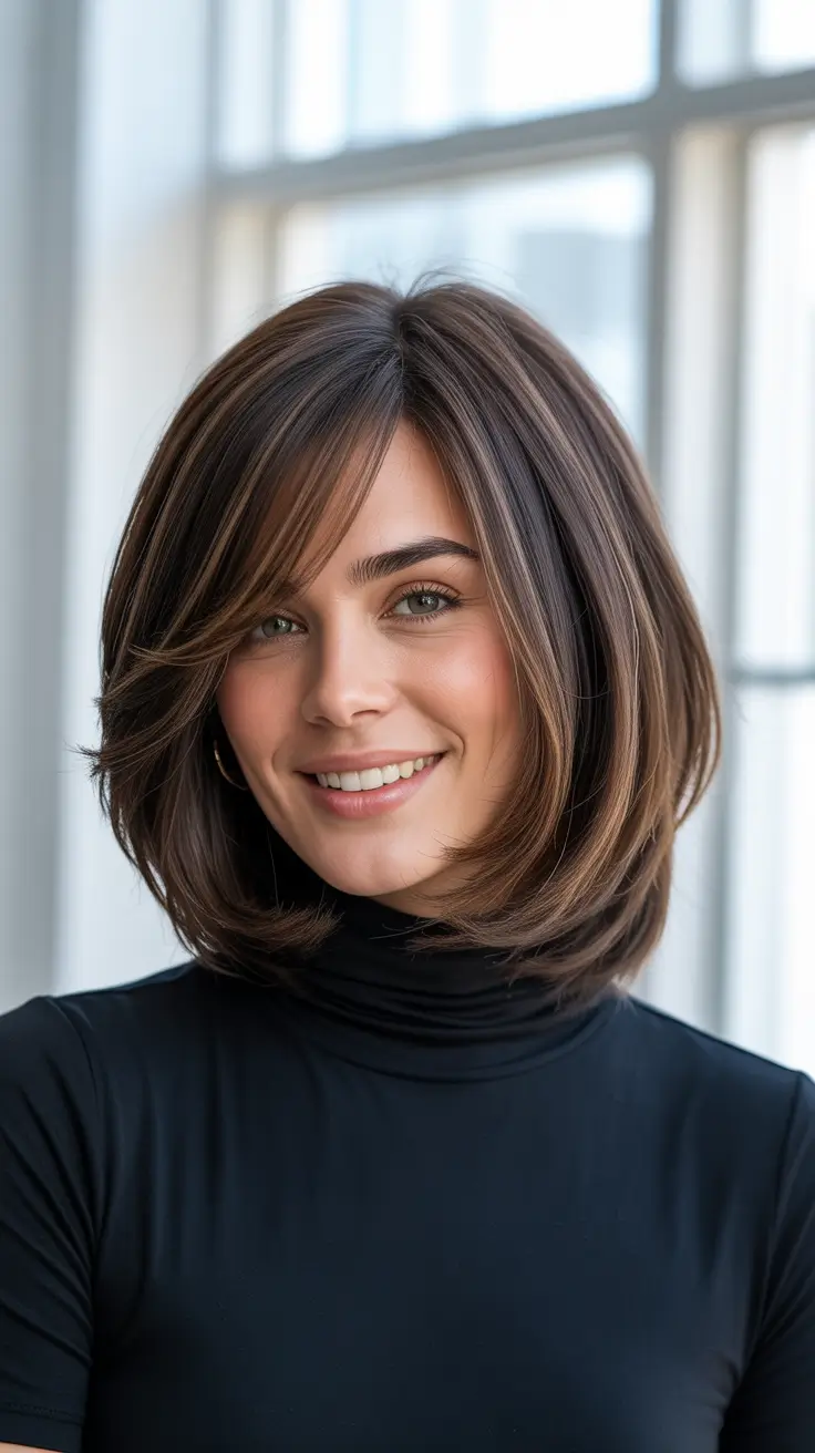 mid length haircut ideas 2026+Chocolate-Syrup Bob with Feathery Bangs