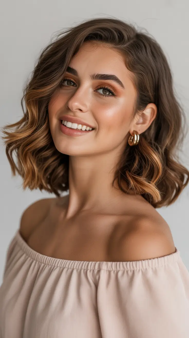 mid length haircut ideas 2026+Curled Chocolate Lob with Soft Caramel Ends