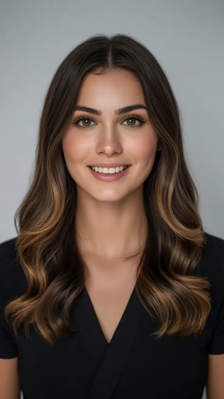 mid length haircut ideas 2026+Cocoa Ribbon Waves with Dimensional Shine