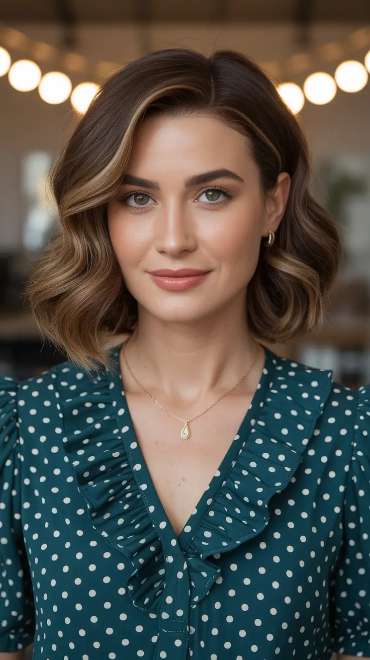 mid length haircut ideas 2026+Curled Clavicut with Soft Caramel Balayage
