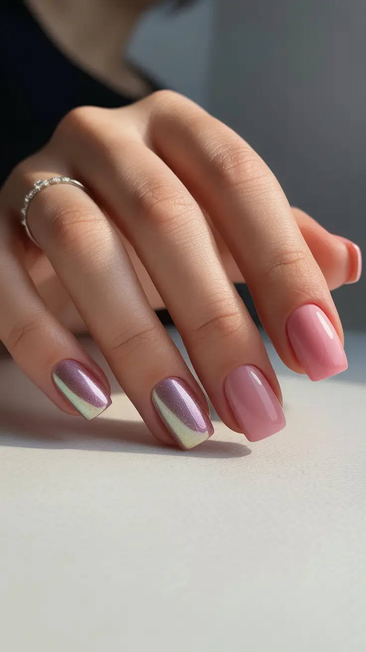 neutral nail designs 2026 Soft Chrome Meets Rosy Gloss