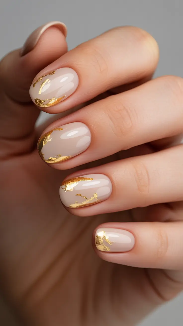 neutral nail designs 2026 Gold Leaf Neutral Glam