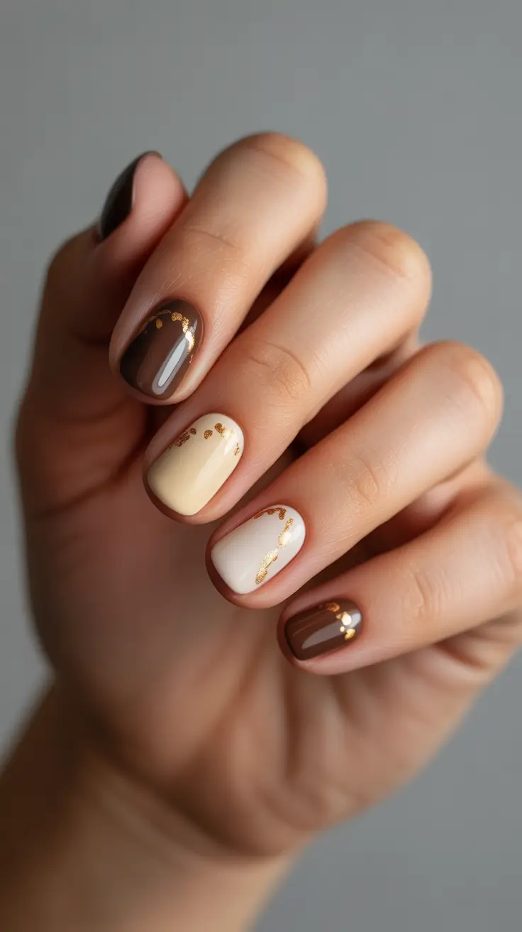 neutral nail designs 2026 Espresso Cream Mix with Foil Detailing