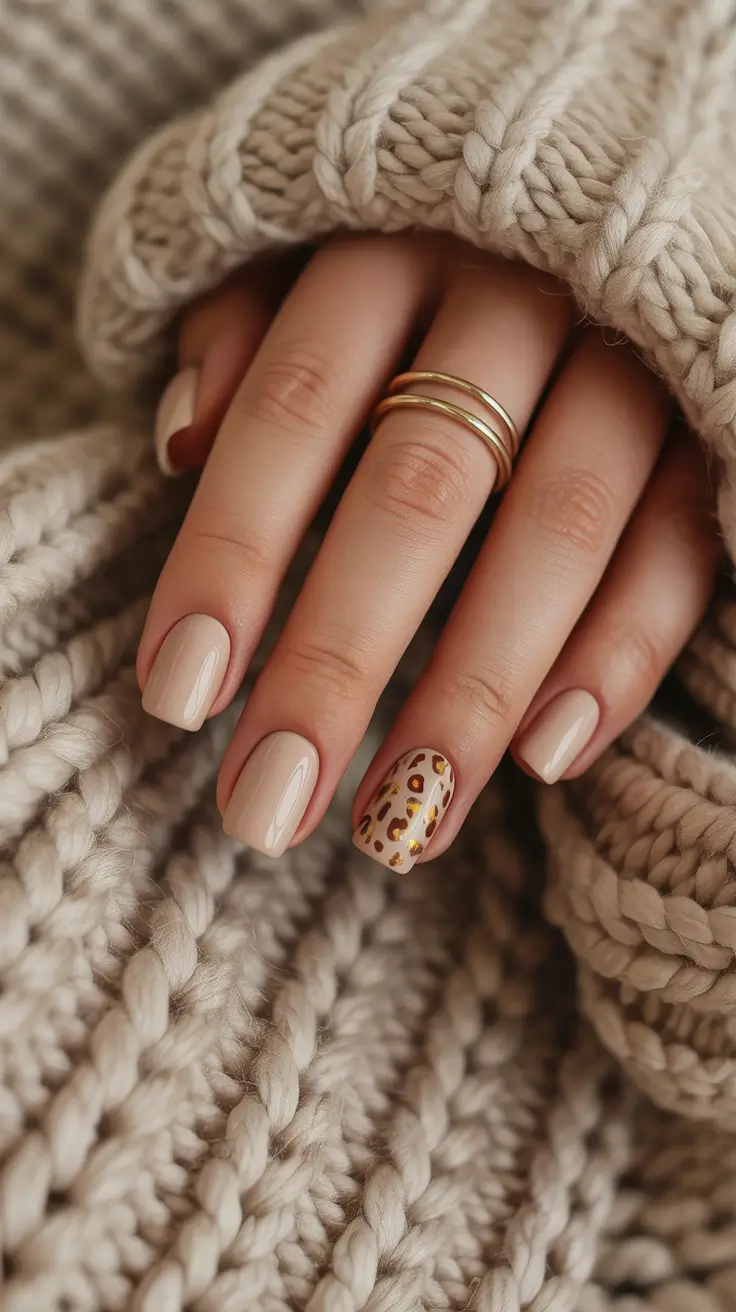 neutral nail designs 2026 Warm Beige with a Leopard Pop