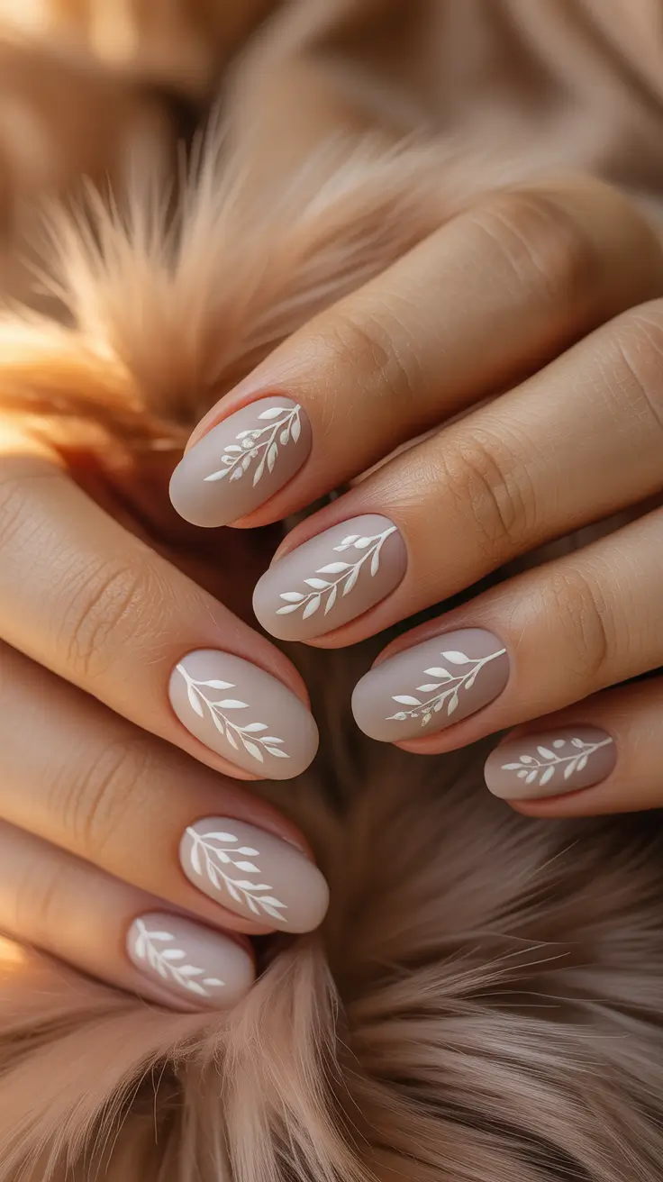 neutral nail designs 2026 Matte Taupe with Delicate White Leaves