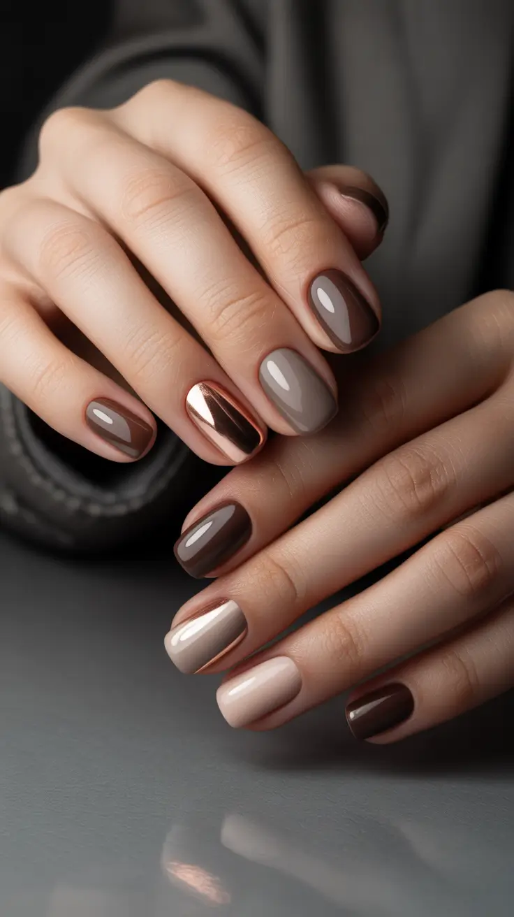 neutral nail designs 2026 Mixed Neutrals with a Copper Chrome Pop