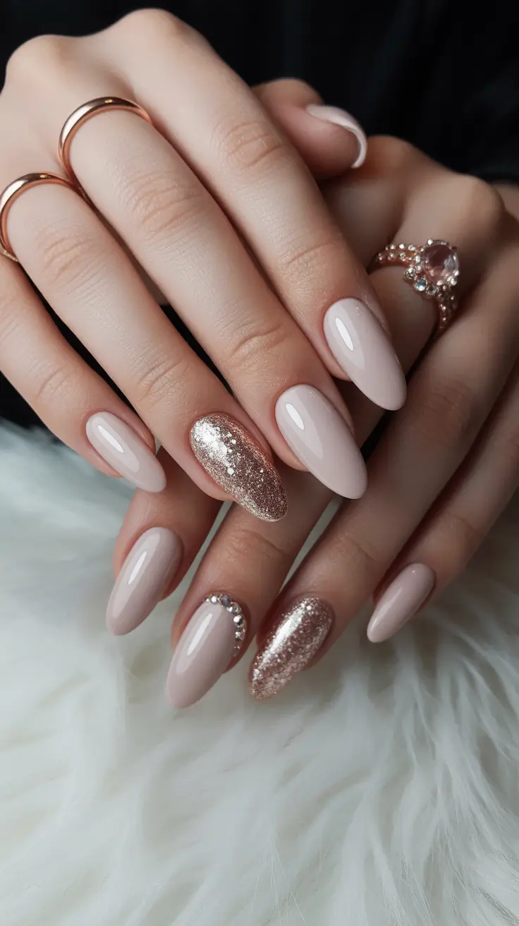 neutral nail designs 2026 Champagne Elegance with a Sparkle Twist