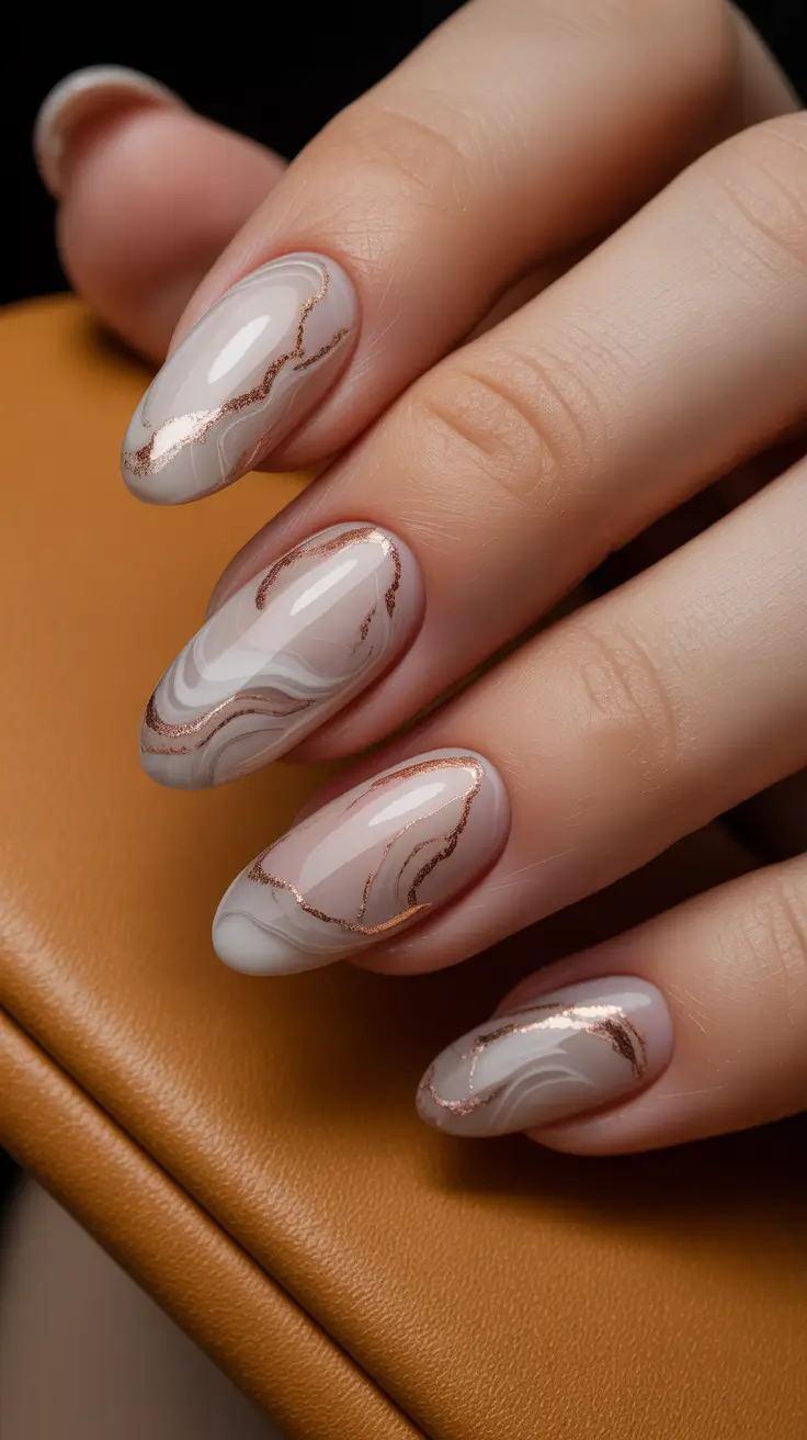 neutral nail designs 2026 Warm Marble with Metallic Veins