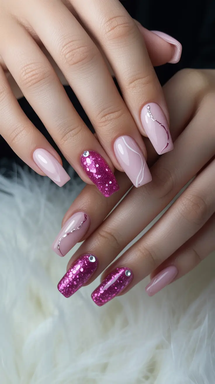 pink nails 2026 Mixed Textures and Rhinestone Drama