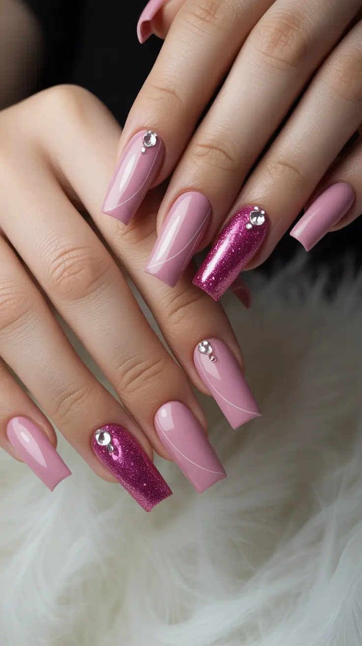 pink nails 2026 Dusty Rose Elegance with a Sparkle Twist