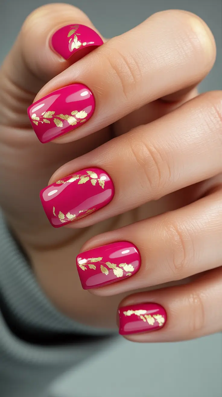 pink nails 2026 Golden Leaf Over Hot Pink