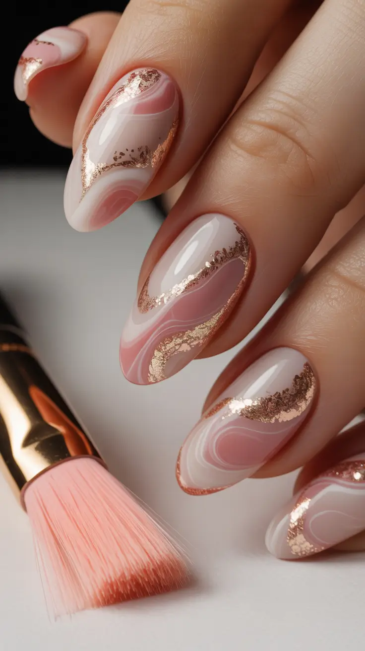 pink nails 2026 Marbled Swirls in Blush and Copper