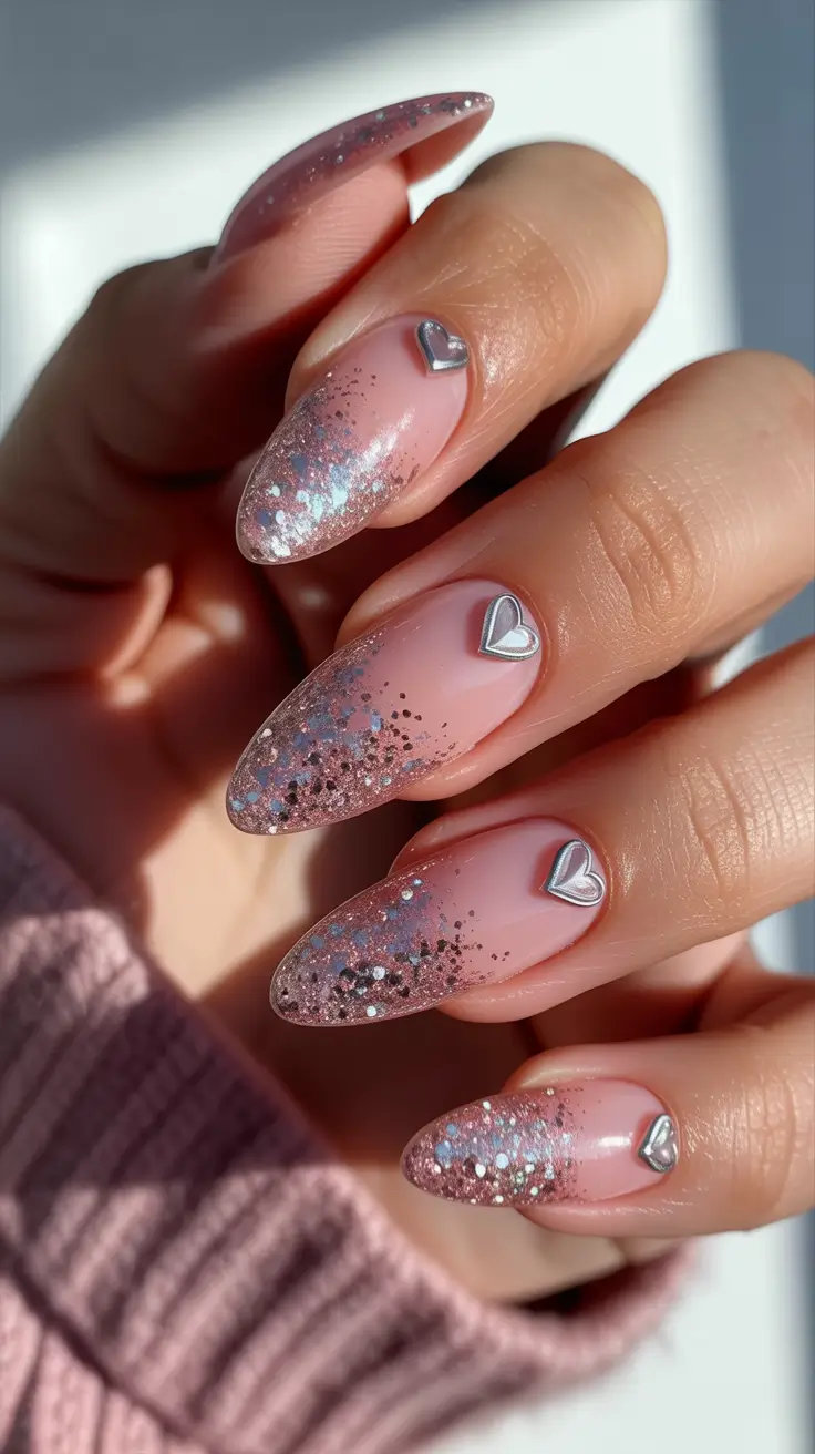 pink nails 2026 Metallic Glitter Fade with Silver Hearts