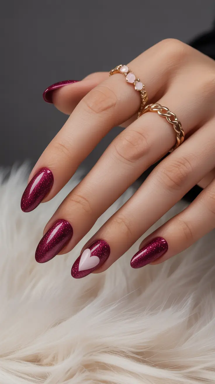 pink nails 2026 Berry Sparkle with a Single Blush Heart