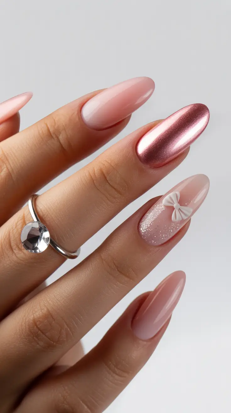 pink nails 2026 Blush Chrome with a Bow Detail