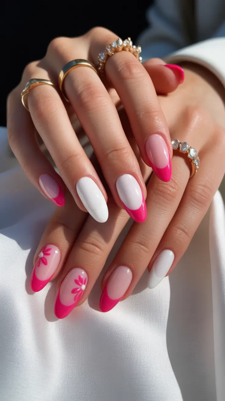 pink nails 2026 Fuchsia-Tipped French with Playful Petals