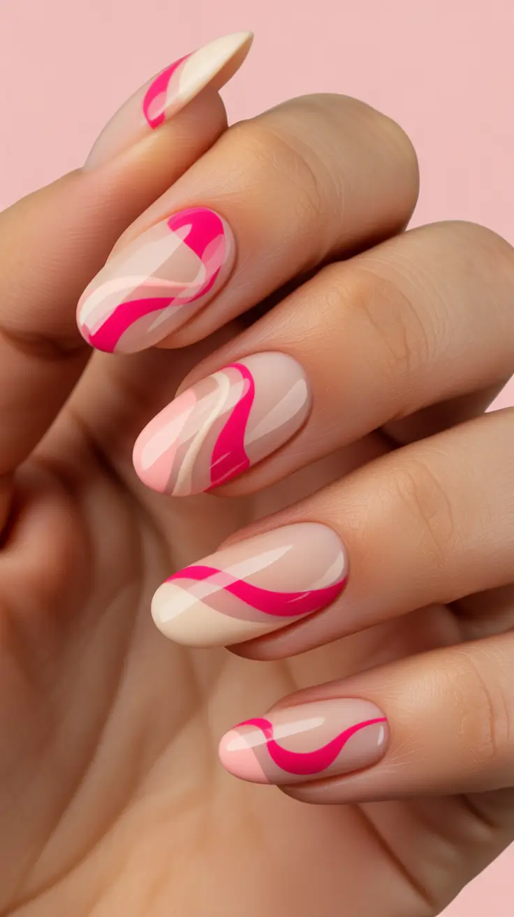 pink nails 2026 Glossy Waves in Retro Neon