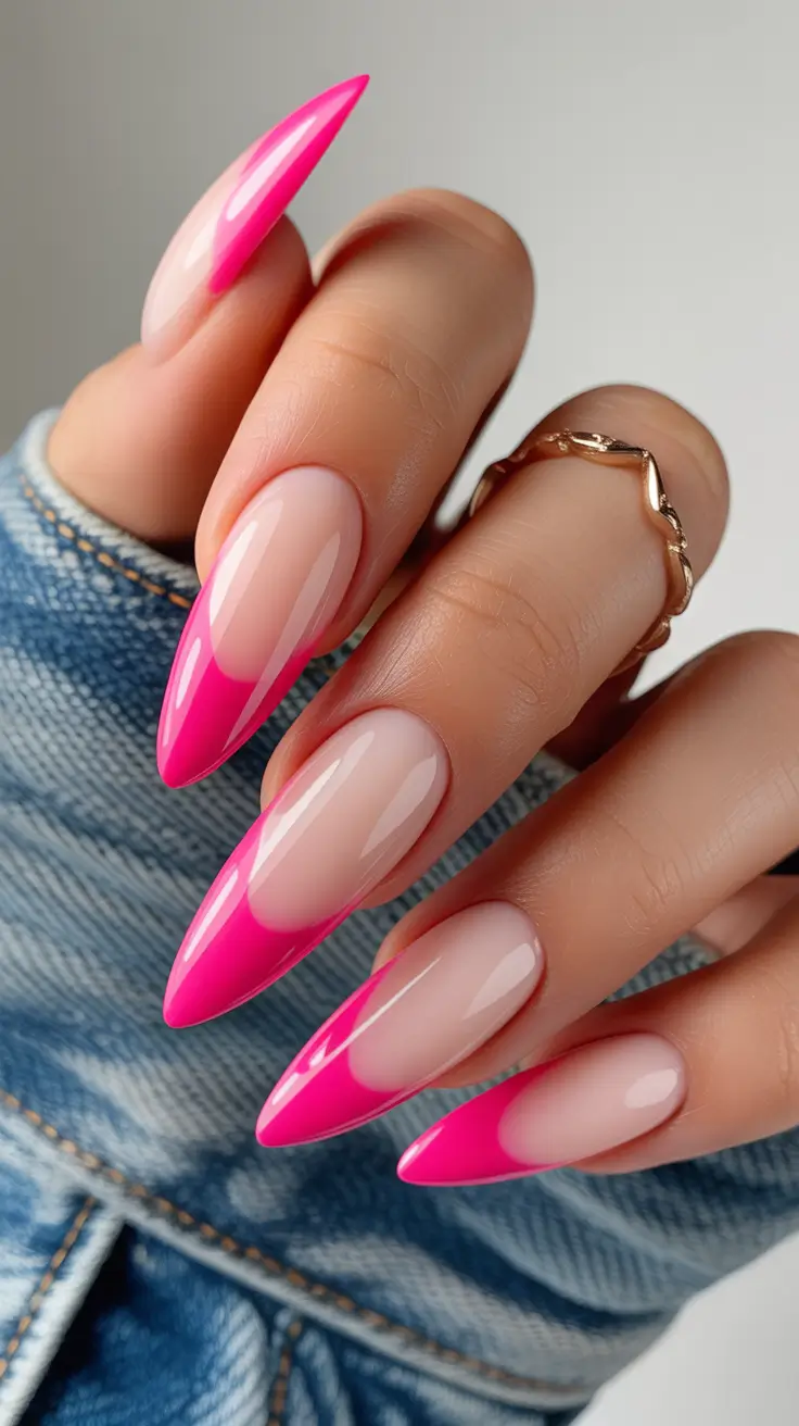 pink nails 2026 High-Gloss Stiletto French in Flamingo Pink